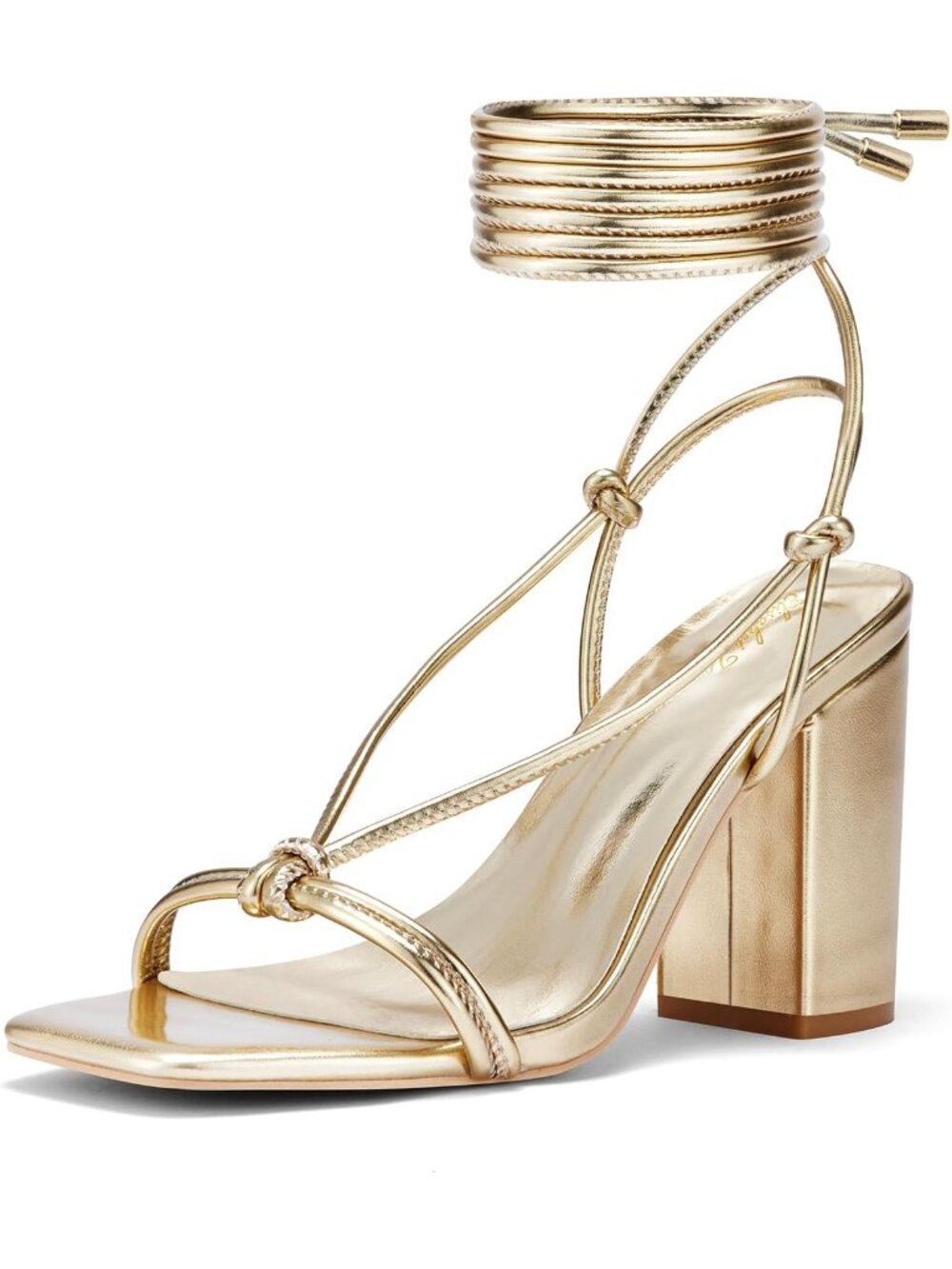 Women's Gold Strappy Chunky Heels Sandals 3 inch Low Block Heels Lace Up Heels